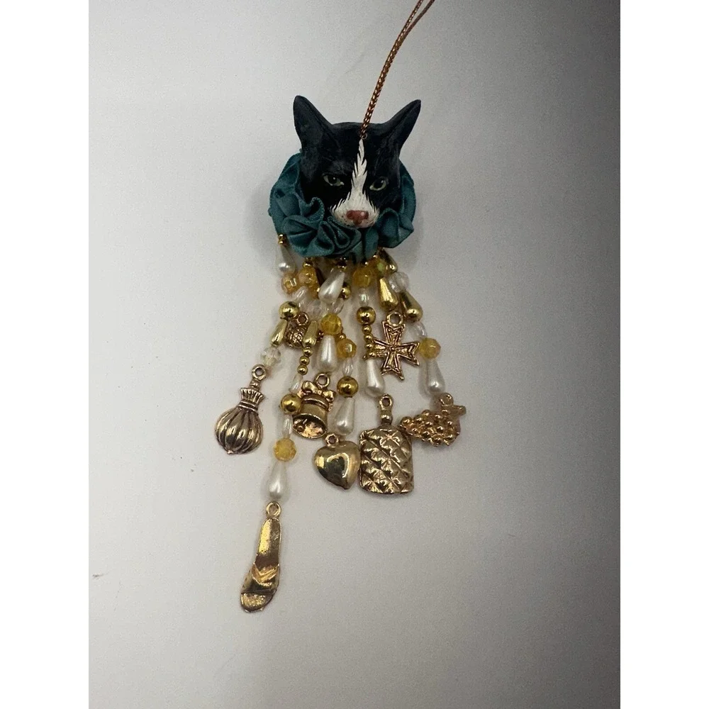 Whimsical Cat Ornament With Gold Toned Dangles Black And White